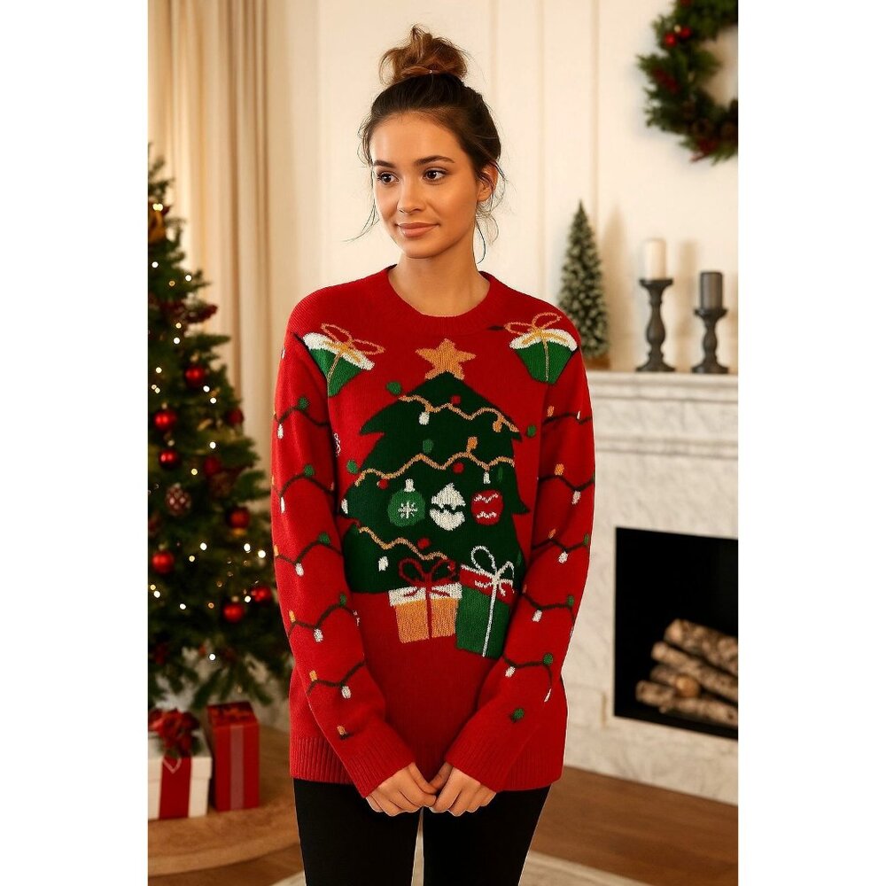 2XL Bold Knit Christmas Tree Lights Round Neck Classy Holiday Winter Sweater Top